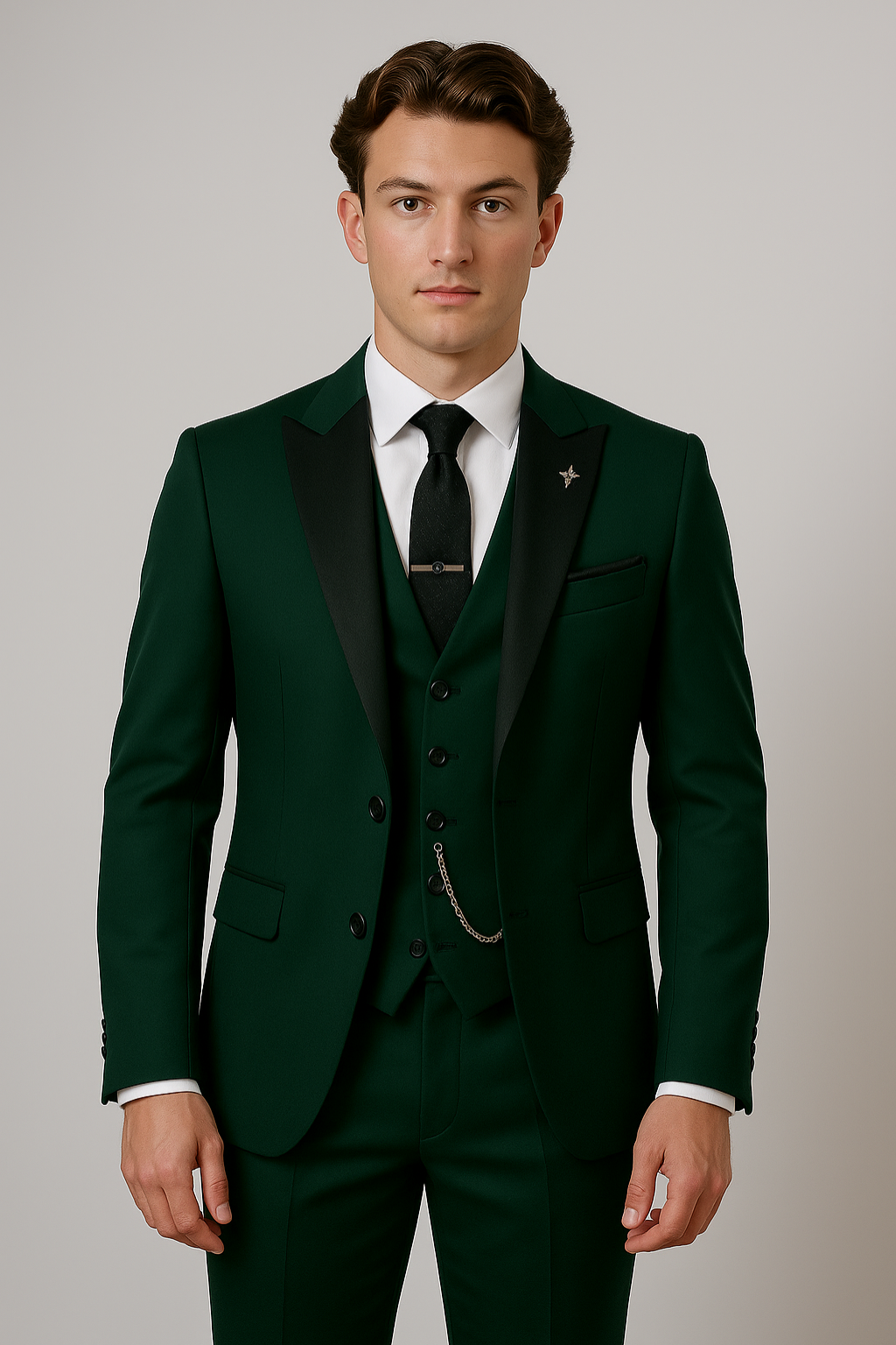 Men’s Dark Green Three-Piece Suit – Tailored, Contrast Lapel
