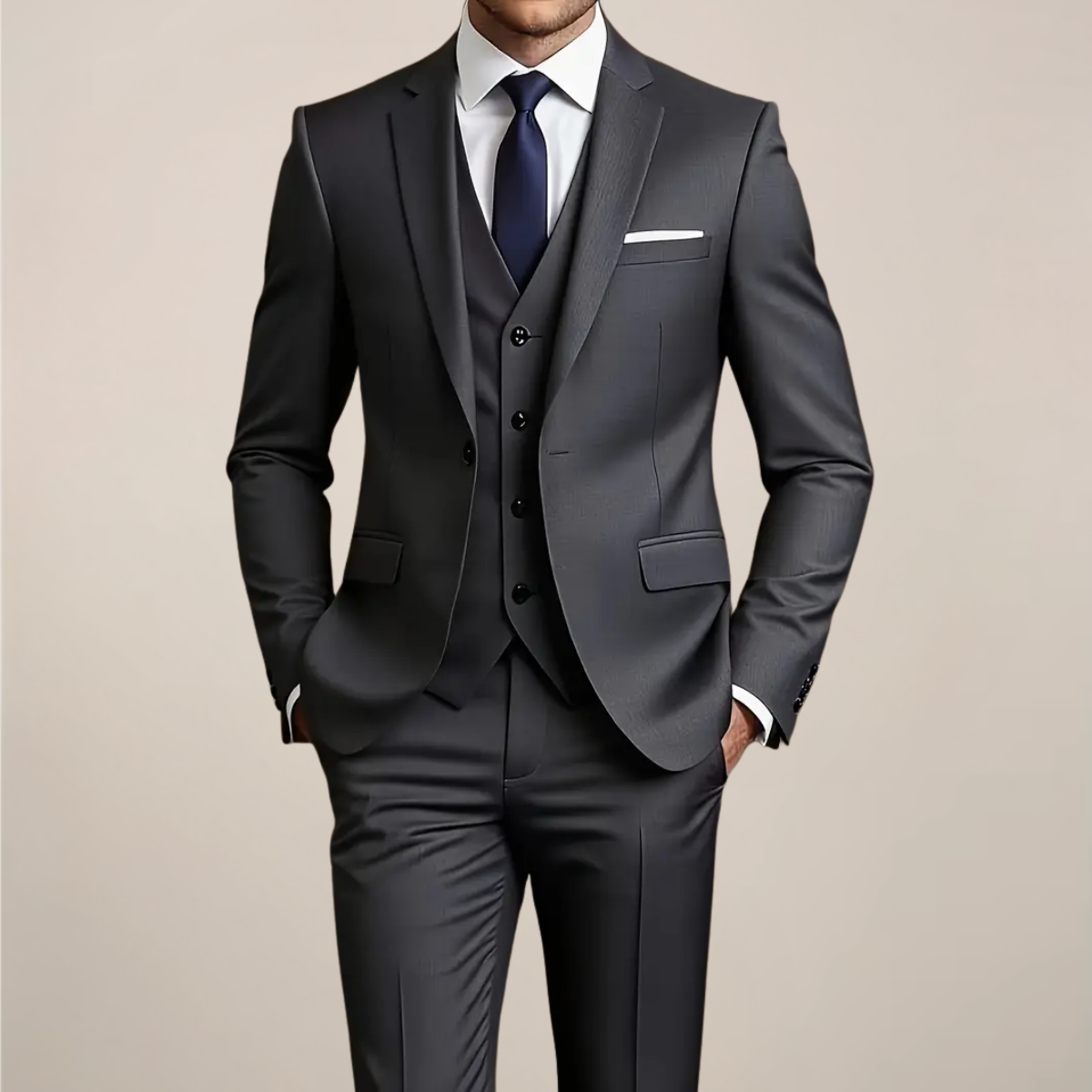 Men’s Dark Grey Three-Piece Suit – Slim Fit Formal Tuxedo for Weddings and Business Events