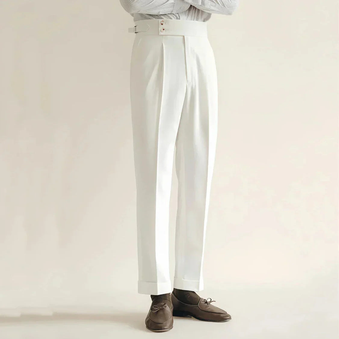 Men’s Formal Tailored Trousers – High-Rise Pleated Front with Cuffed Hem