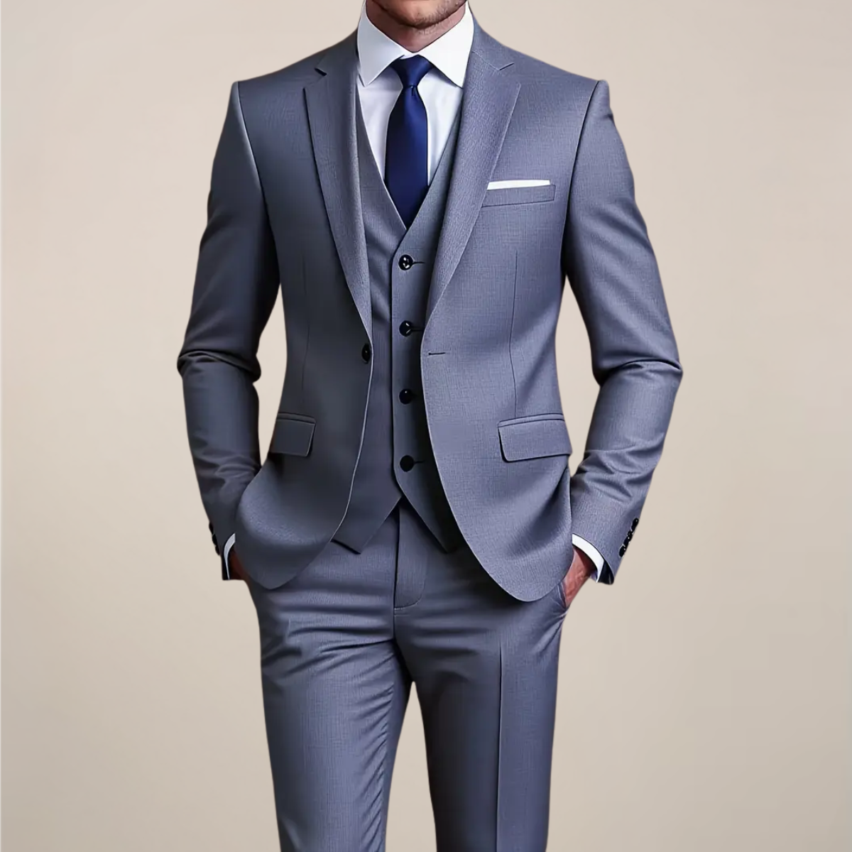 Men’s Grey Three-Piece Suit – Tailored Slim Fit Tuxedo for Weddings and Formal Events