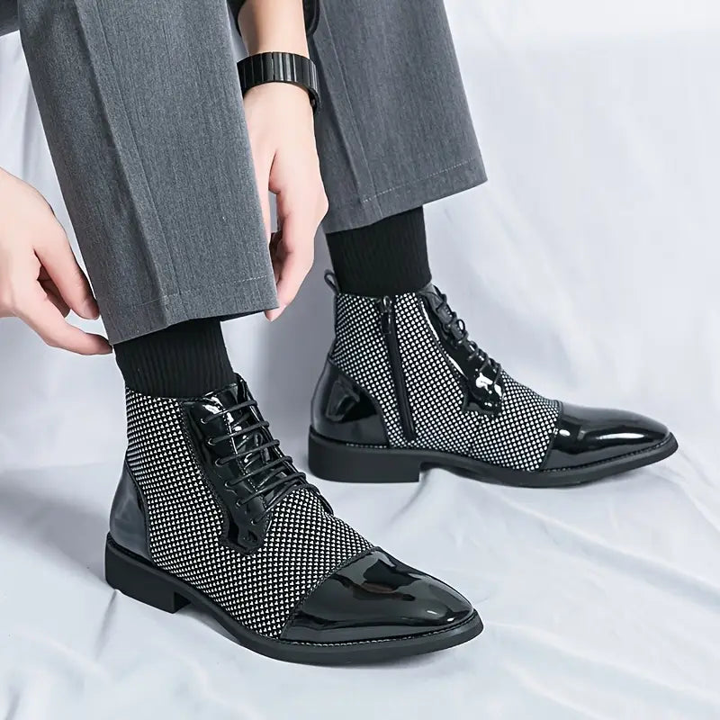 Men’s High-Top Pointed Toe Derby Shoes – Black & White Houndstooth