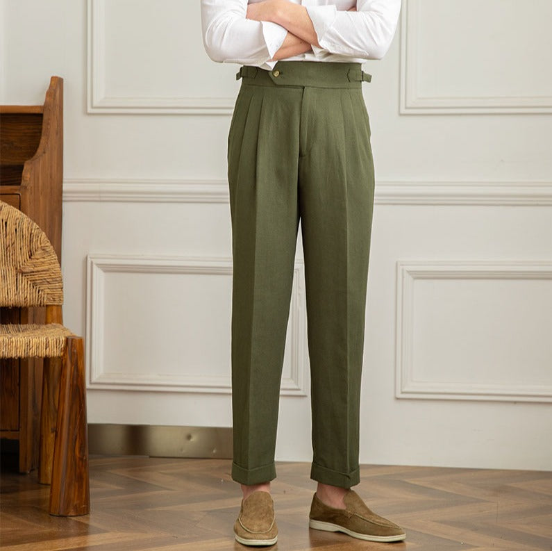 Men's High Waisted Pleated Trousers with Side Adjuster - Italian Style