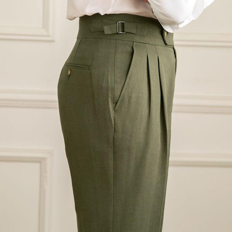 Men's High Waisted Pleated Trousers with Side Adjuster - Italian Style
