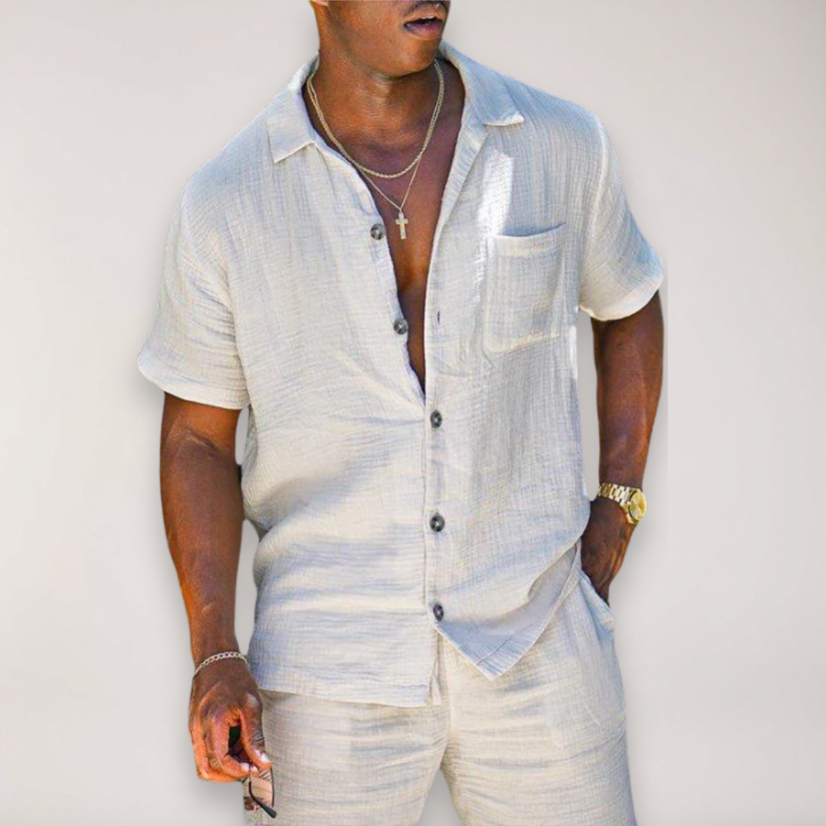 Men’s Linen Two-Piece Summer Set – Short Sleeve Shirt & Shorts with Relaxed Fit