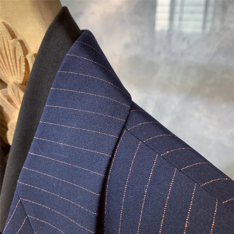 Men’s Navy Blue Double-Breasted Pinstripe Suit – Tailored Formal Set for Business and Evening Events