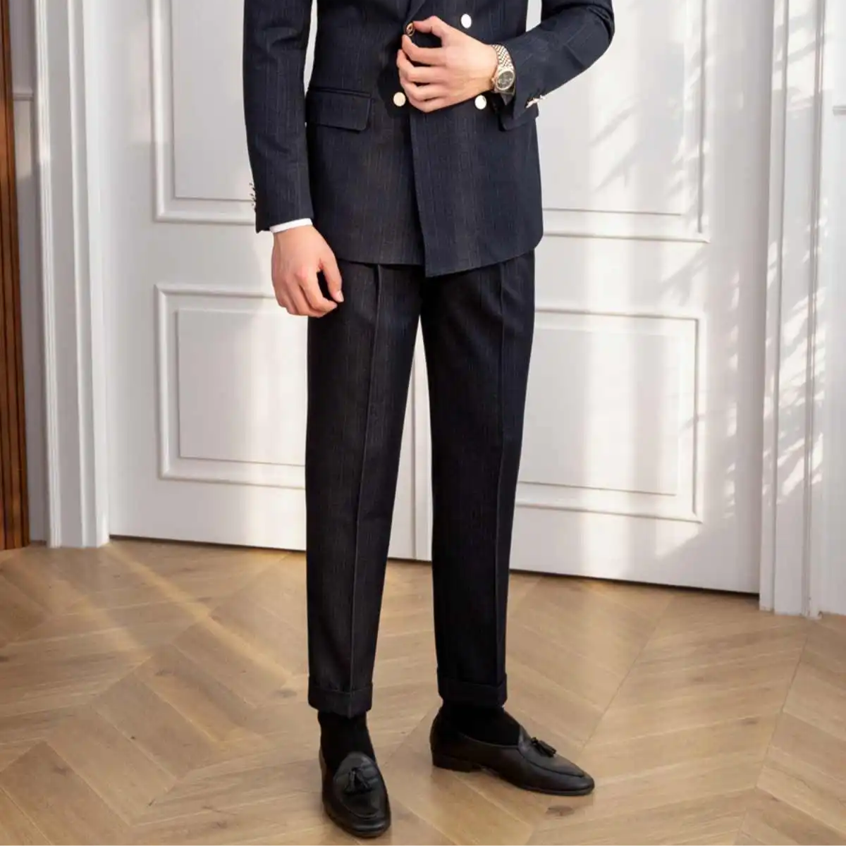 Men’s Navy Blue Double-Breasted Slim Fit 2-Piece Suit – Tailored Autumn Formal Set