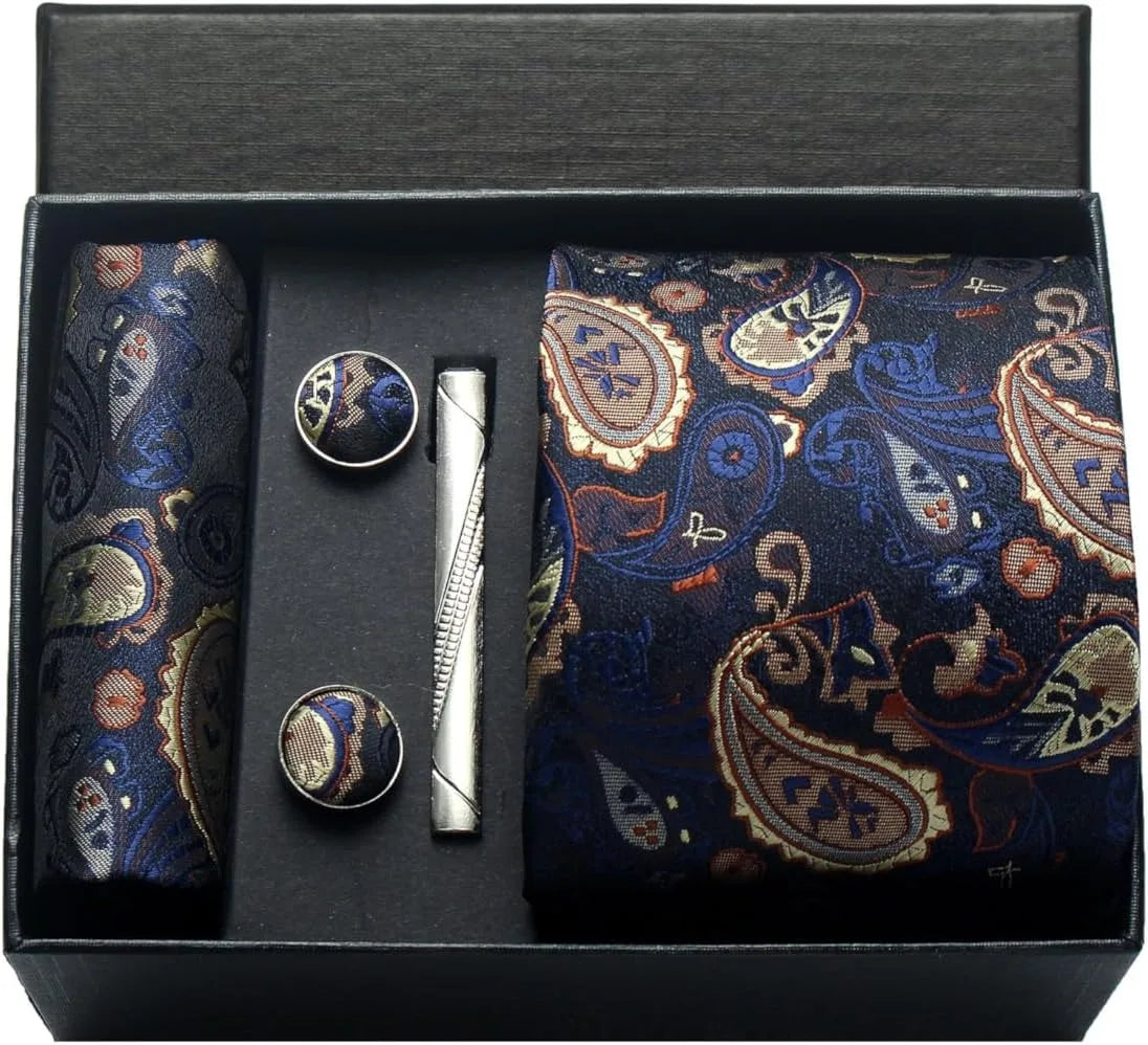 Men’s Paisley Tie Gift Set – Formal Necktie, Pocket Square, Cufflinks & Clip in Box