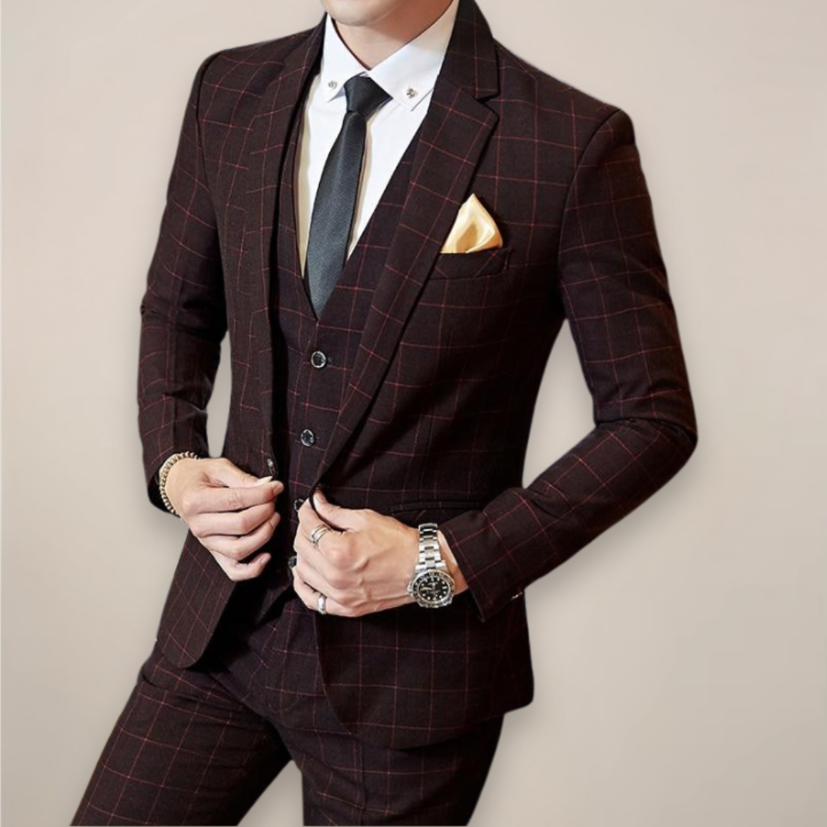Men’s Plaid Two-Piece Formal Suit – Slim Fit Checked Blazer & Trousers