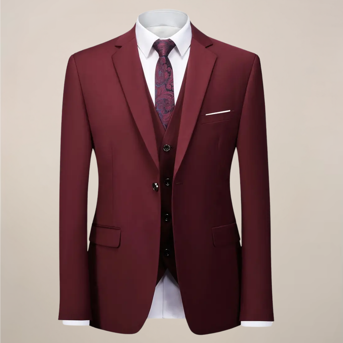 Men’s Slim Fit Three-Piece Suit – Tailored Burgundy Ensemble for Weddings & Formal Events