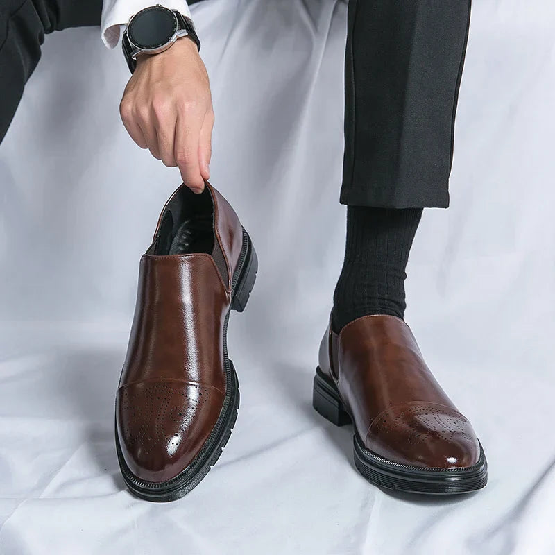 Men’s Slip-On Leather Shoes – Smart Casual Comfort with Elastic Panels