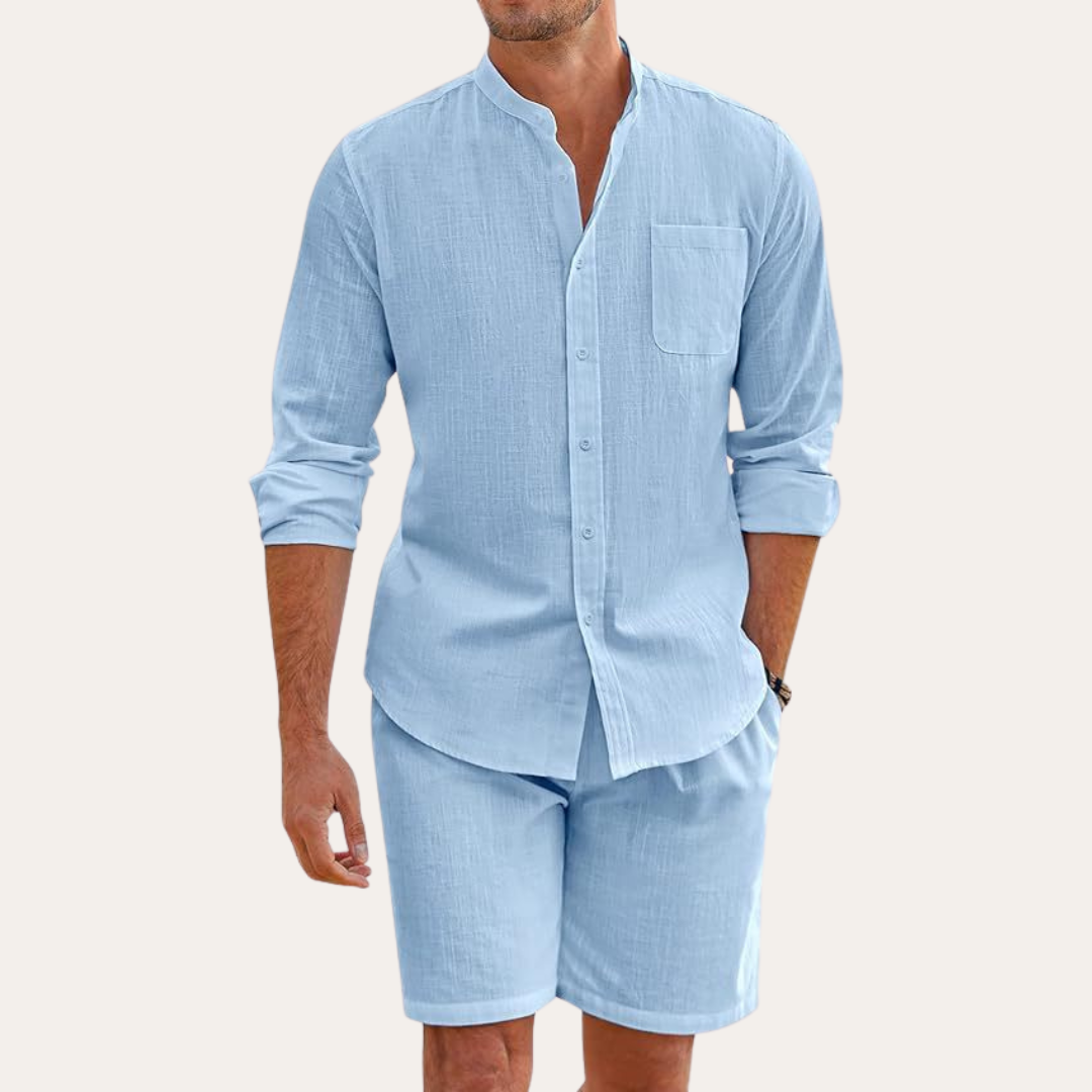 Men’s Two-Piece Summer Set – Long Sleeve Shirt and Shorts – Relaxed Fit – Lightweight and Breathable