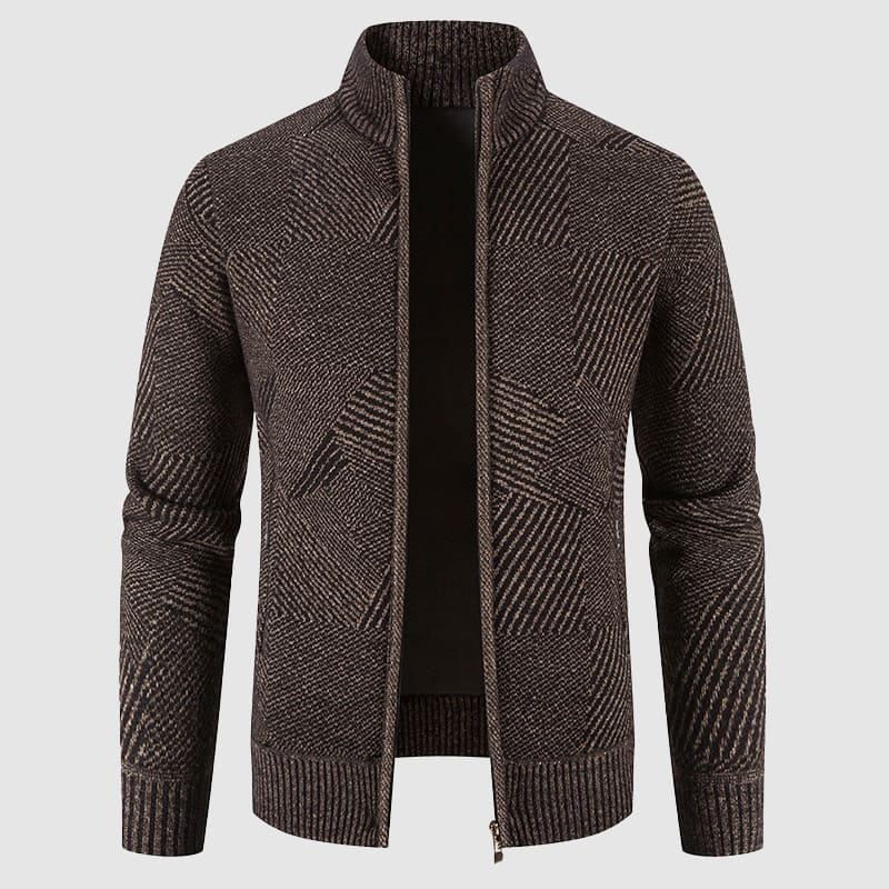 Men’s Zip Cardigan Sweater – Geometric Knit, Mock Neck, Ribbed Trims