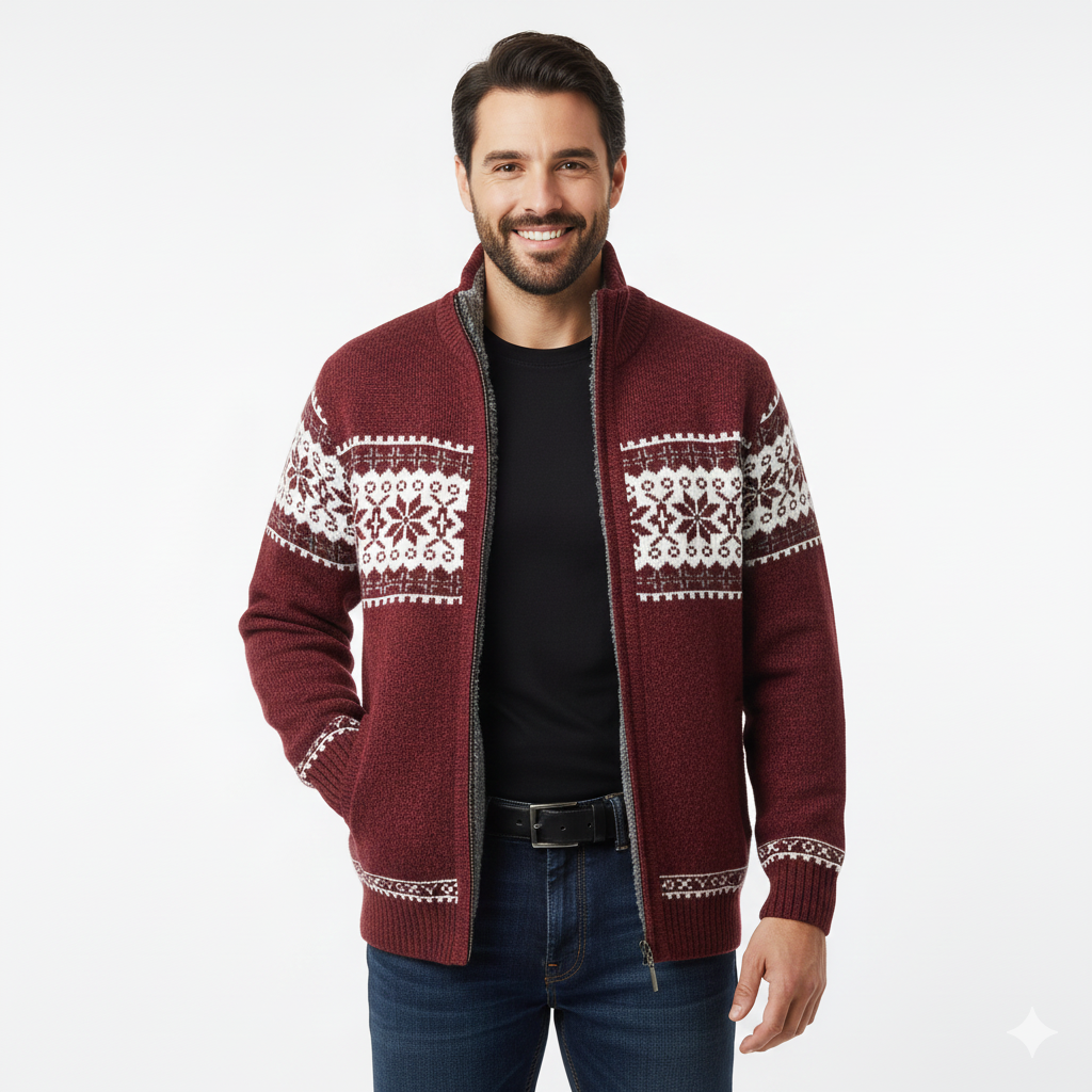 Moris Men's Fleece Vest – Winter Jacquard Jacket with High Collar & Scandinavian Patterns