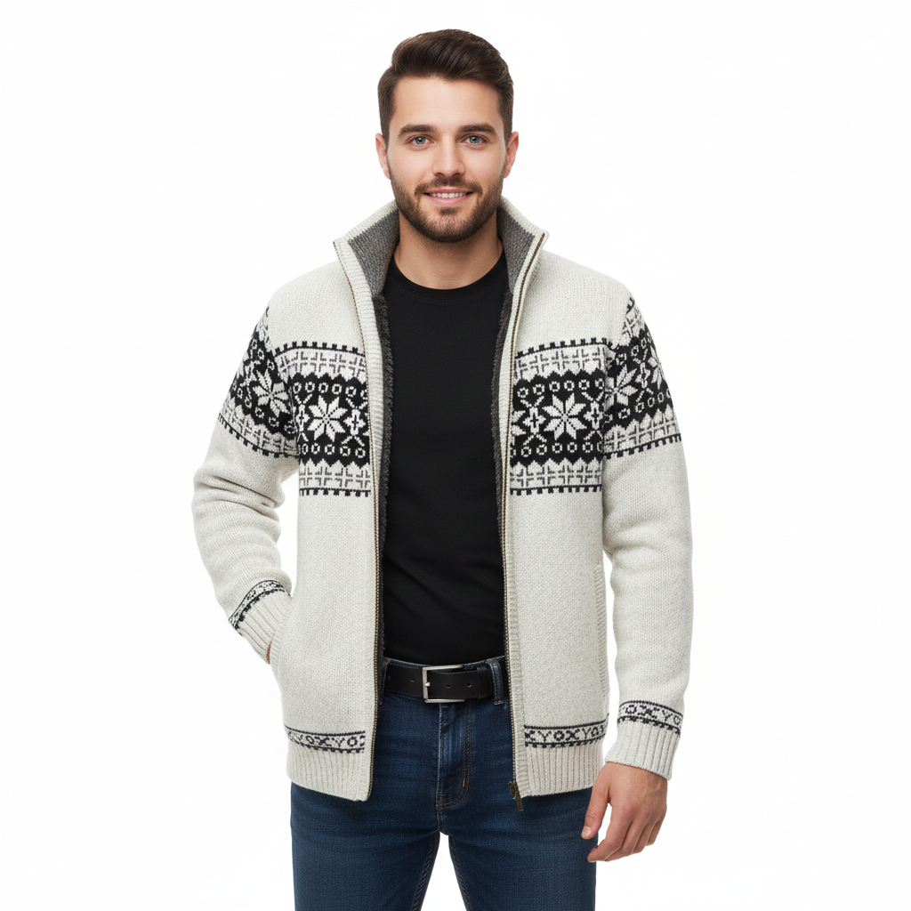 Moris Men's Fleece Vest – Winter Jacquard Jacket with High Collar & Scandinavian Patterns