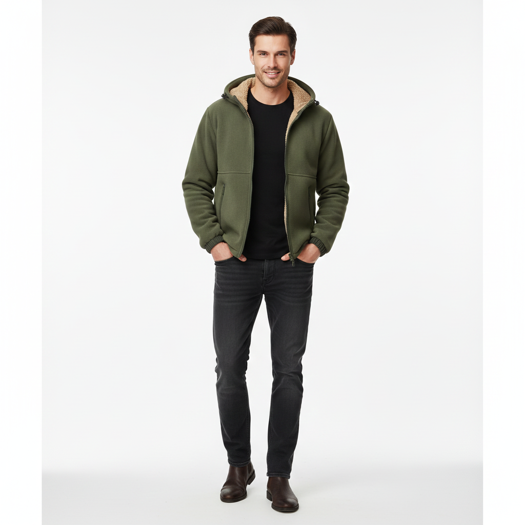 Norlan Men's Fleece Jacket with Hood – Lightweight Warm Coat with Zipped Pockets for Winter