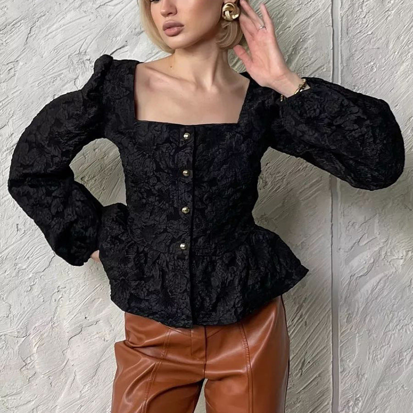 Charlotte Blouse Femme – Elegant Jacquard Top with Square Neckline & Chic Long Sleeves