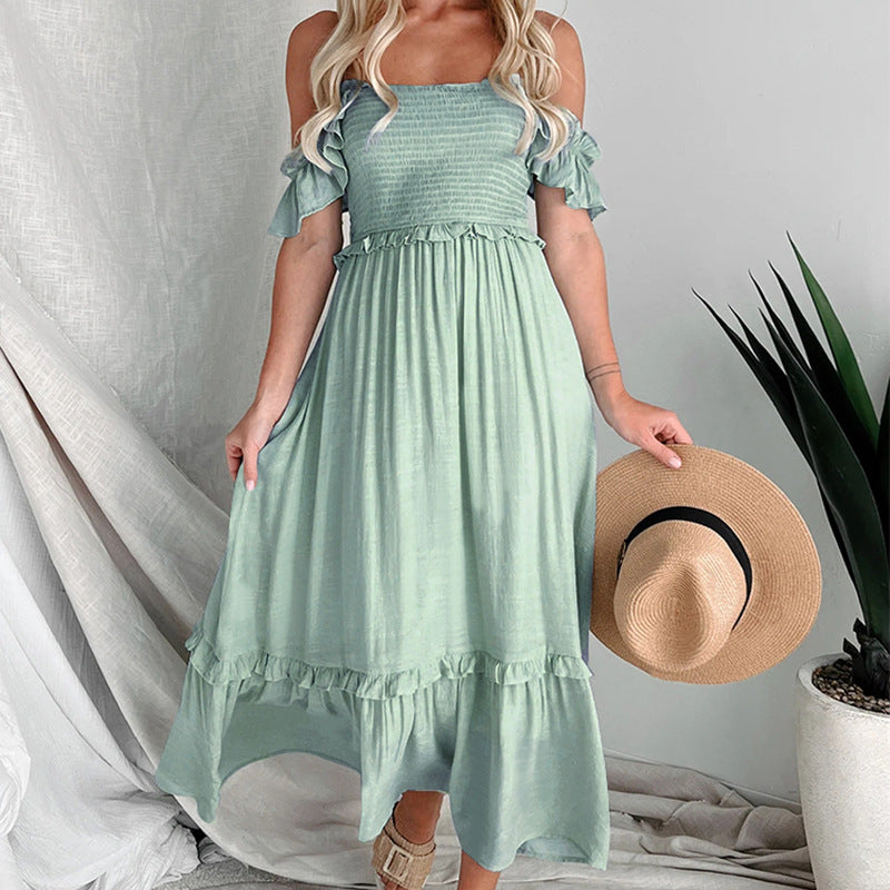 Women's Green Tiered Smocked Midi Dress - Ruffle Details, Flowy & Versatile