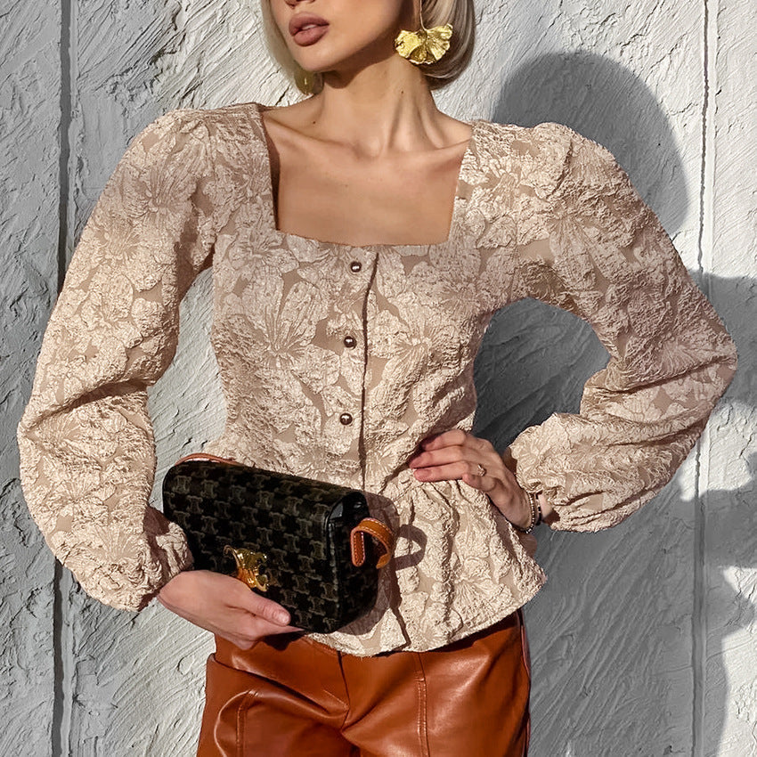 Charlotte Blouse Femme – Elegant Jacquard Top with Square Neckline & Chic Long Sleeves