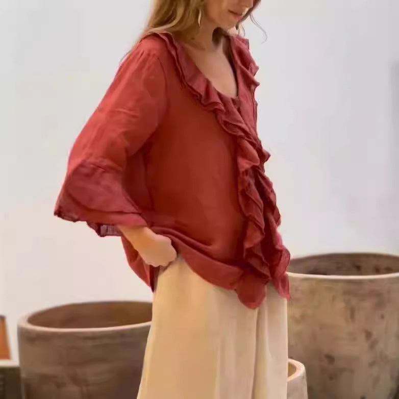 Phoebe Blouse Femme – Elegant Blouse with Ruffles & Flared Sleeves for a Casual Chic Look