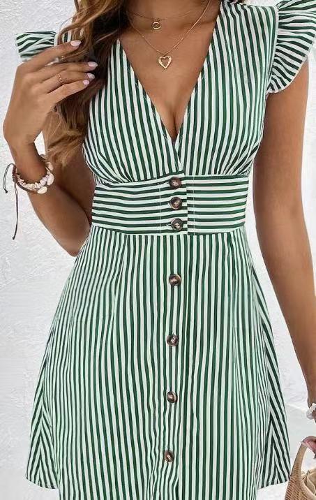 Elegant V-Neck Dress with Ruffle Cap Sleeves for Women