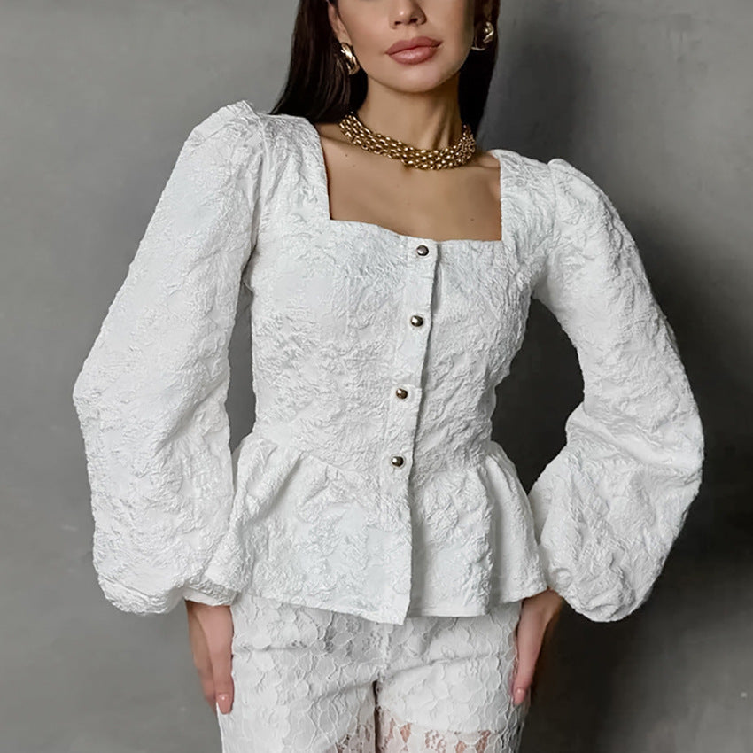 Charlotte Blouse Femme – Elegant Jacquard Top with Square Neckline & Chic Long Sleeves