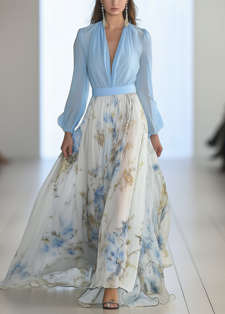 Floral Print Blue Maxi Dress for Women
