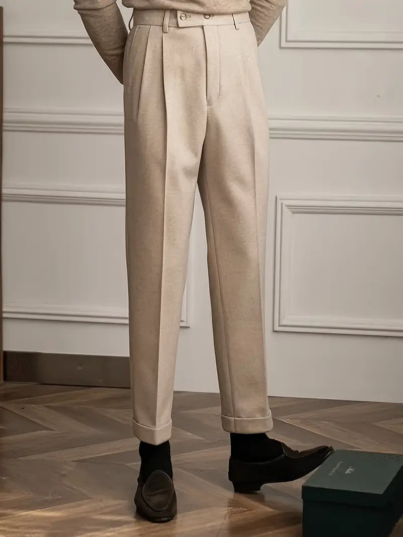 Pleated British Style Tailored Trousers - Straight Fit High Rise