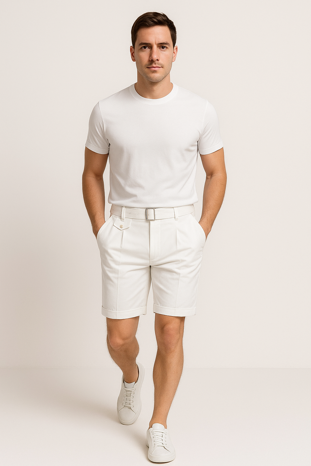 Pleated Tailored Shorts with Side Buckles – Slim Fit