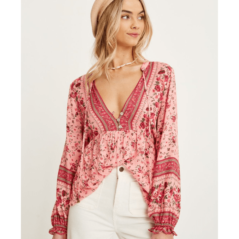Rafaela Tunic Woman Looksy – Bohemian Floral Print, Buttoned V-Neck & Flowing Cut