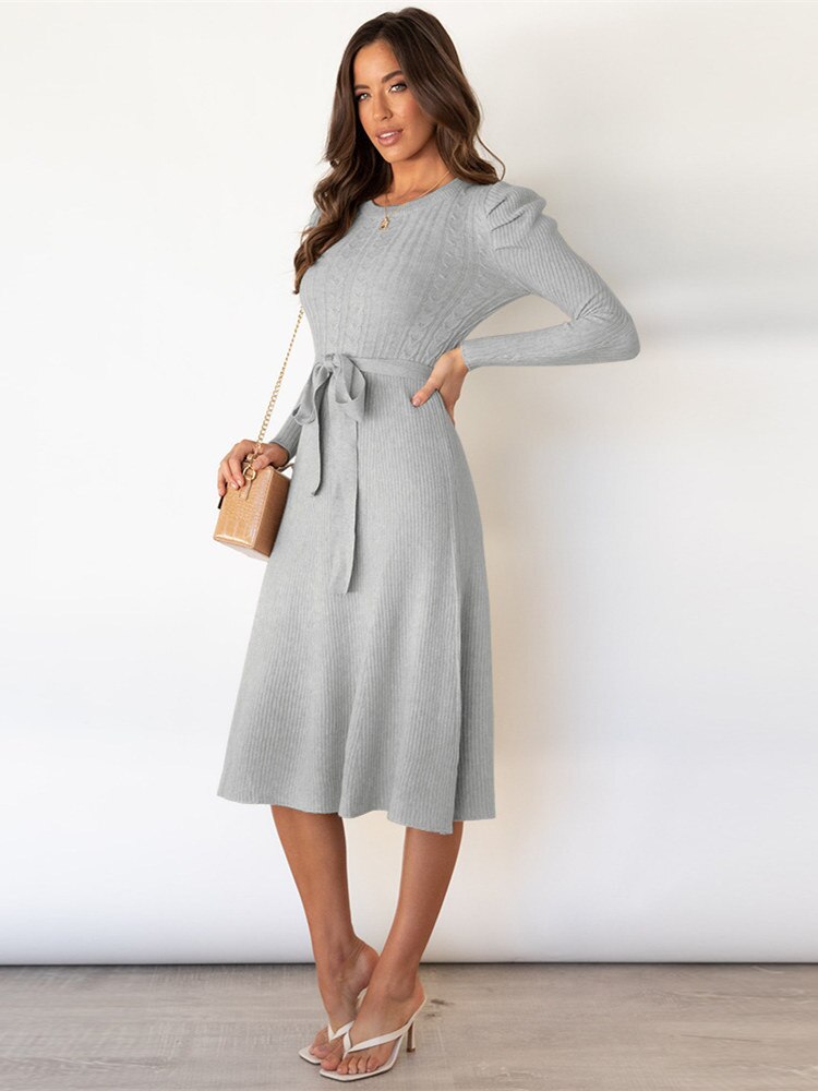 Women's Knitted Dress - Puff Sleeves with Self-Tie Belt
