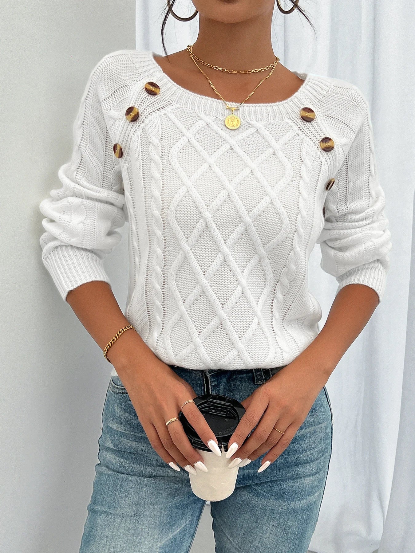 Anaiah Women's Winter Pullover with Buttons – Elegant, Comfortable & Breathable in Cotton Polyester