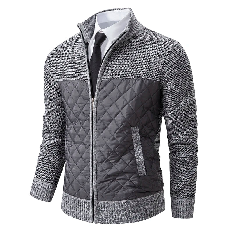 Men's Zipped Adrian Cardigan – Quilted Panels & Fine Knit with Stand Collar