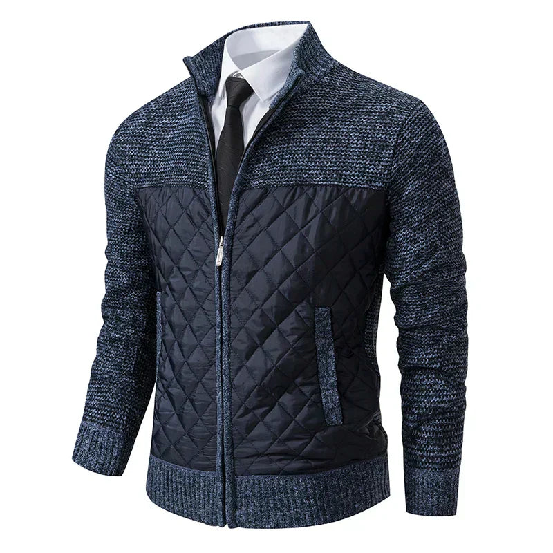 Men's Zipped Adrian Cardigan – Quilted Panels & Fine Knit with Stand Collar