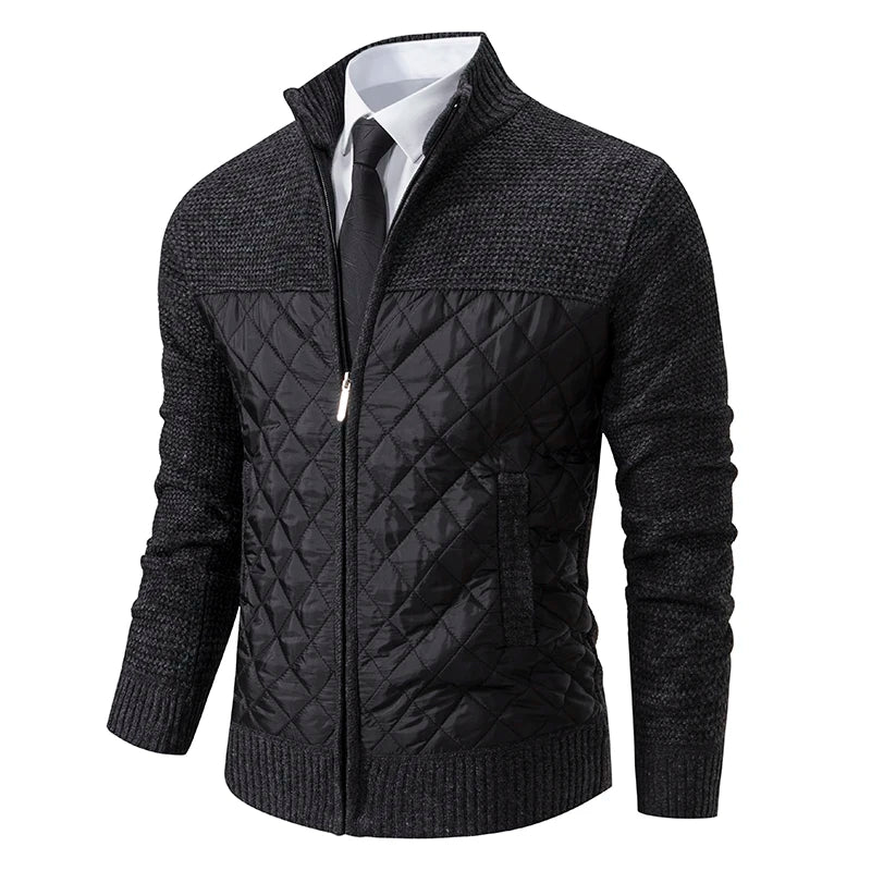 Men's Zipped Adrian Cardigan – Quilted Panels & Fine Knit with Stand Collar