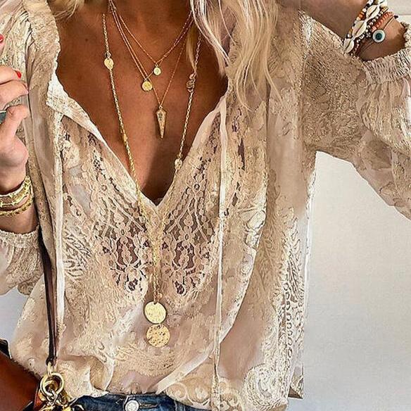 Vivien Blouse Woman – Elegant Lace Blouse with Bow & Transparent Details
