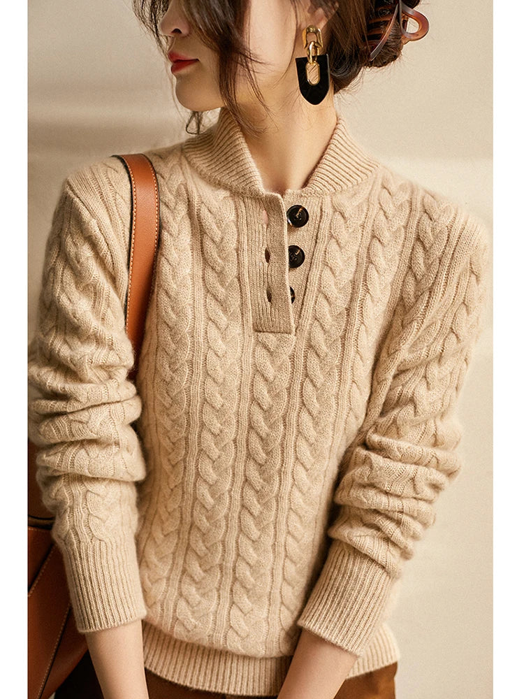Sharmaine Women's Buttoned Sweater – Soft Cable Knit Sweater with Elegant Collar