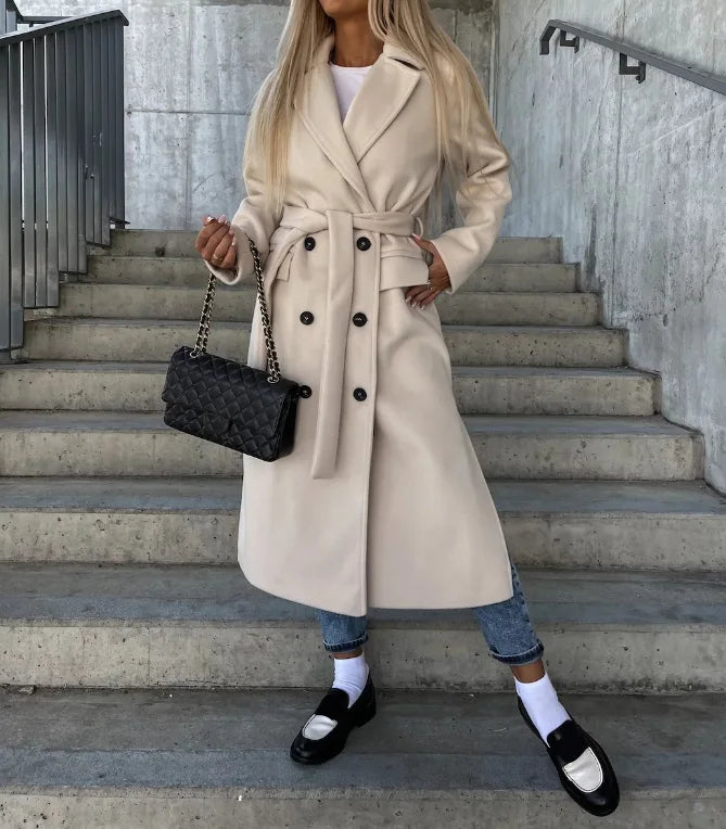 Talia Long Coat Woman – Elegant Winter Trench with Belt & Warm Lining