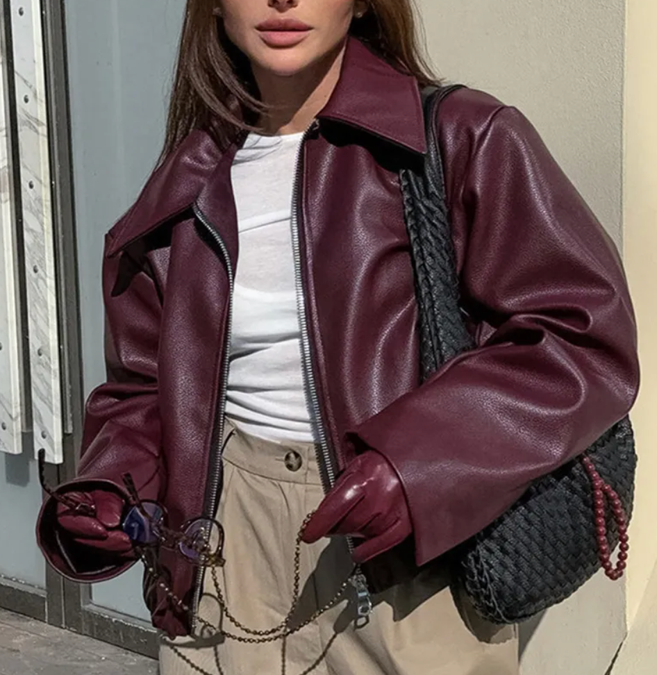 Celeste Bomber Jacket Women in Faux Leather – Trendy Oversize Cut with Classic Collar
