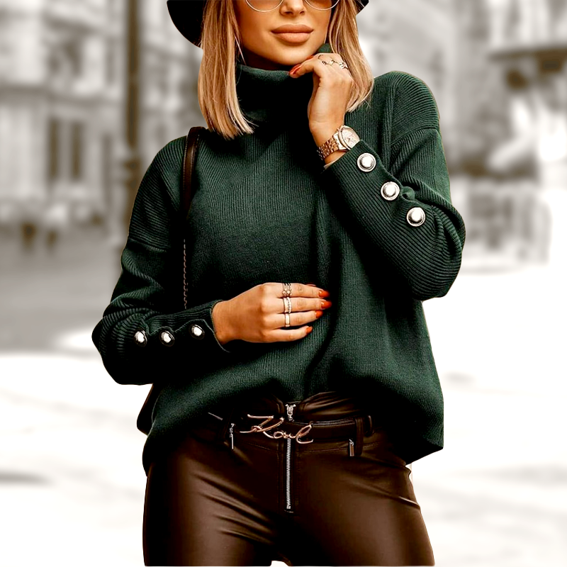 Maisie Turtleneck Sweater Women – Oversized Ribbed Knit with Elegant Buttoned Sleeves