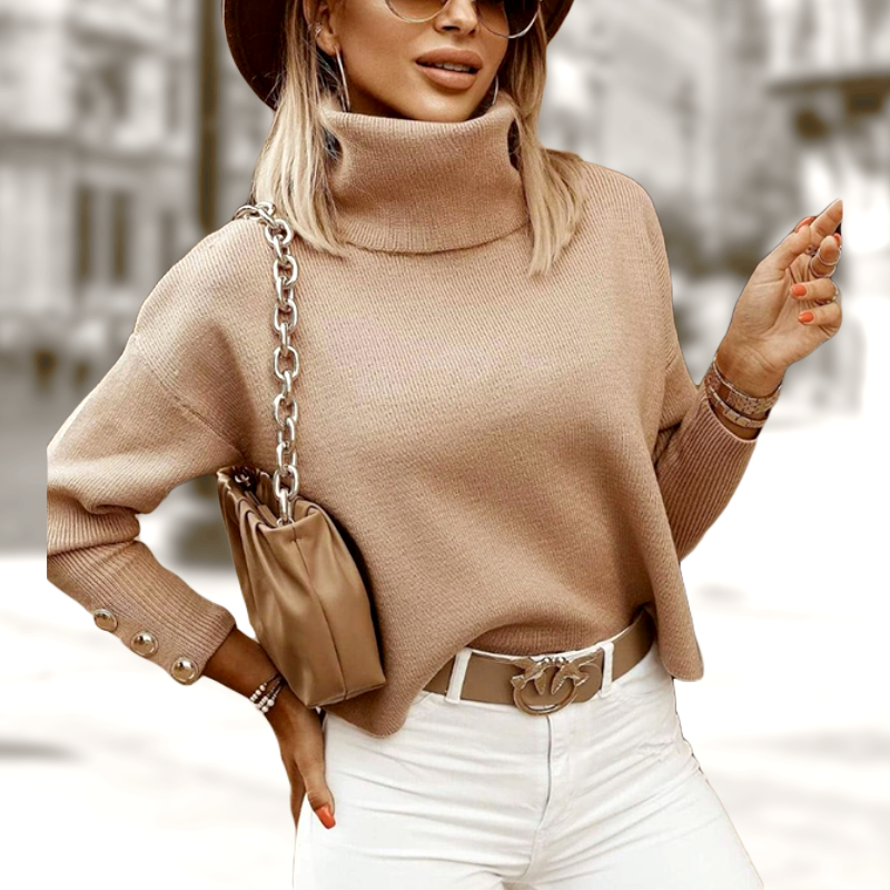 Maisie Turtleneck Sweater Women – Oversized Ribbed Knit with Elegant Buttoned Sleeves