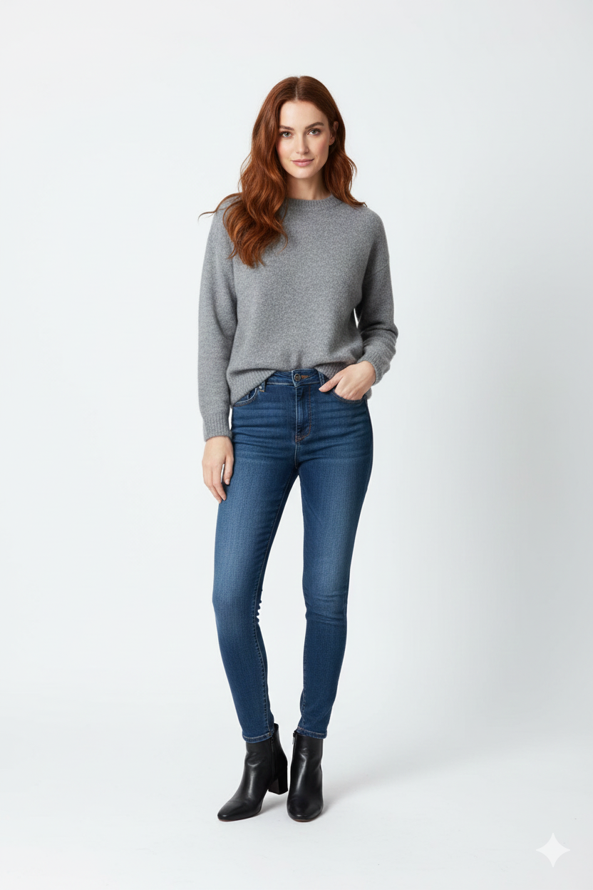 Bodina Women's Soft Knit Oversize Sweater – Elegant Round Neck & Balloon Sleeves