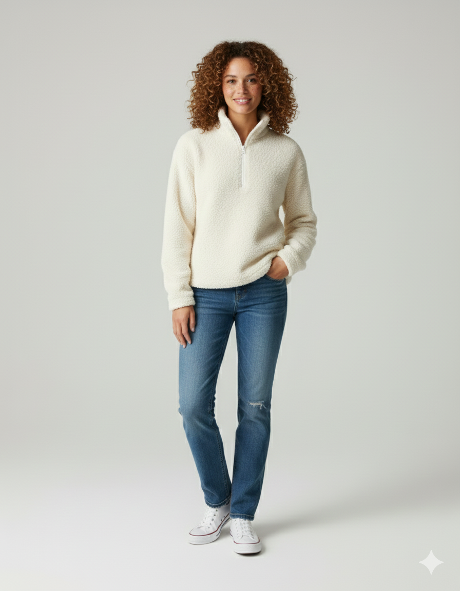 Noime Women's Fleece Sweater – Soft Half-Zip Sweater with Stand-Up Collar and Relaxed Fit