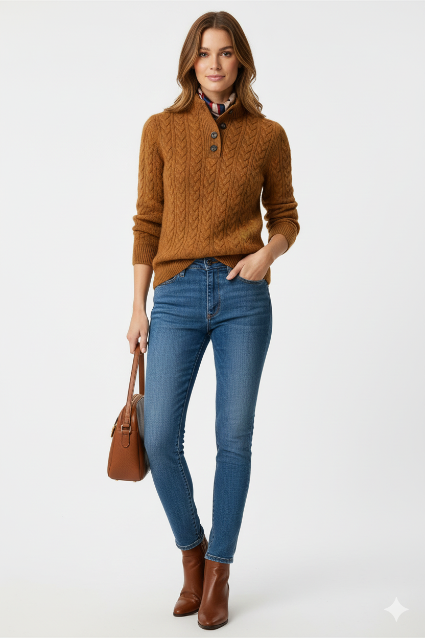 Sharmaine Women's Buttoned Sweater – Soft Cable Knit Sweater with Elegant Collar