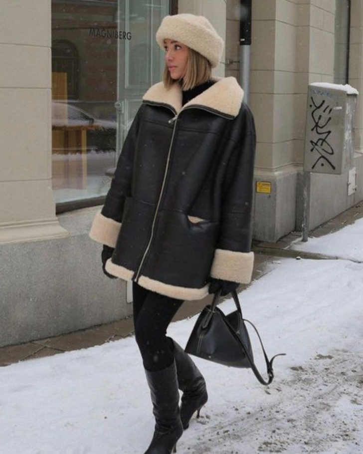 Iris Women's Winter Coat in Faux Leather – Oversize Cut with Teddy Lining & Shearling Collar