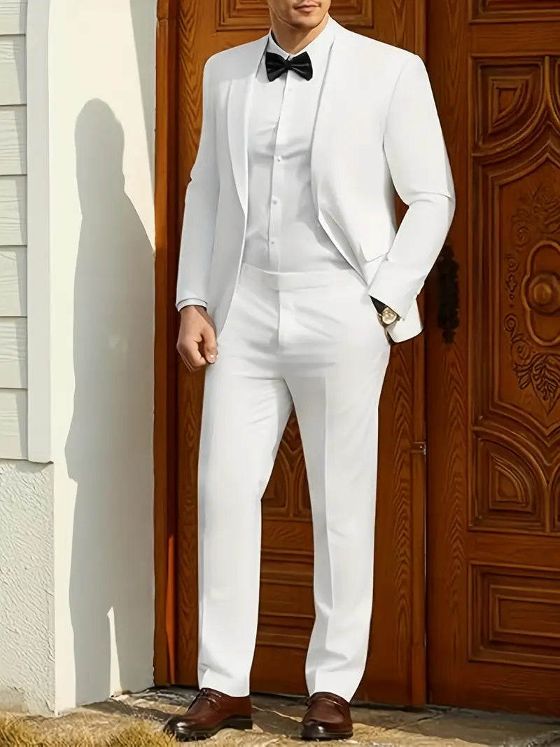 White Men’s Spring/Summer Two-Piece Suit – Blazer & Trousers Set