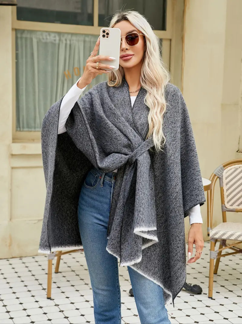 Women’s Asymmetrical Drape Shawl – Oversized Wrap with Tie Belt for Autumn & Winter