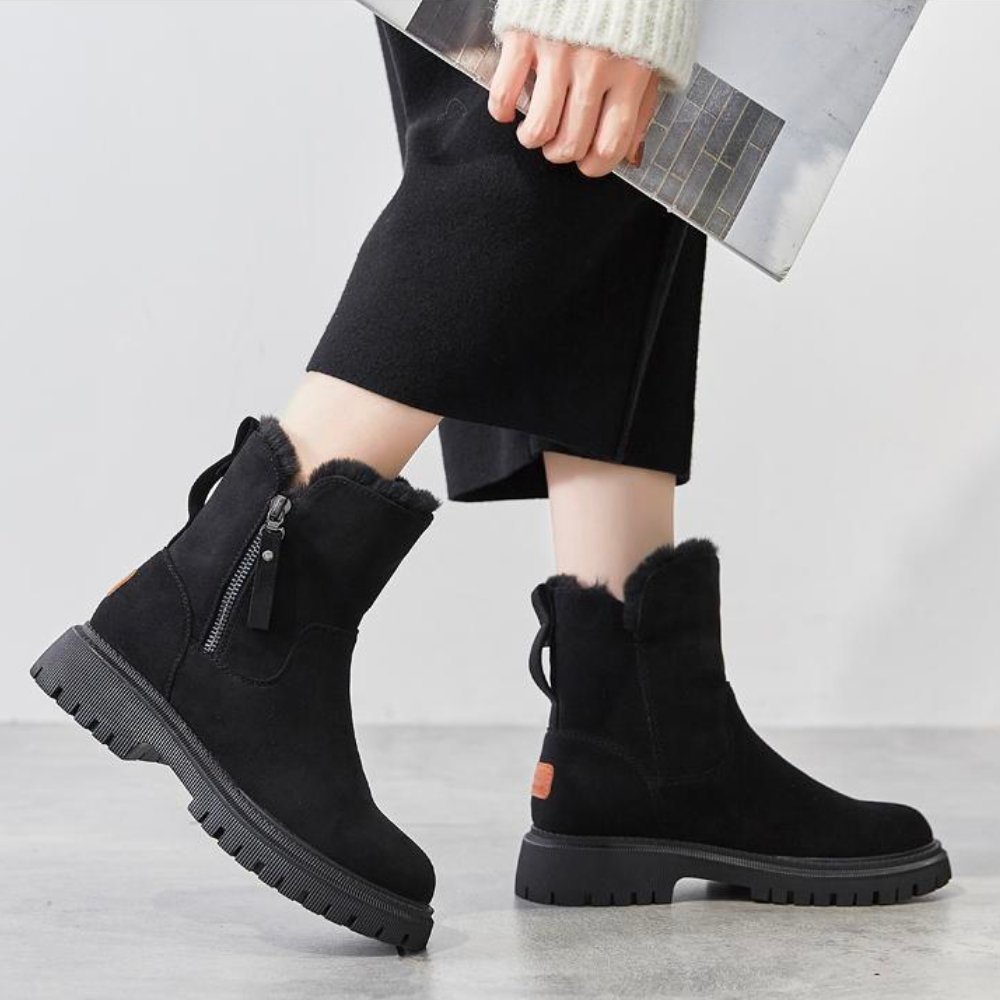 Women’s Black Ankle Winter Boots – Faux Fur Lined, Zip, Lug Sole