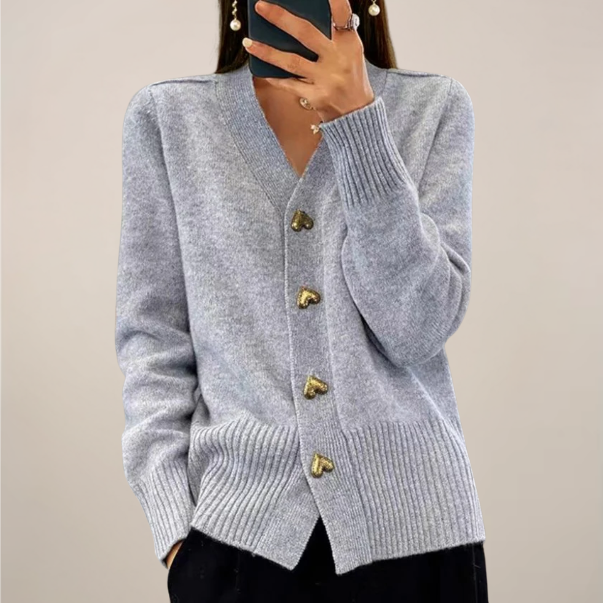 Women’s Cardigan – Gold Heart Button Detail, Elegant Layering Essential