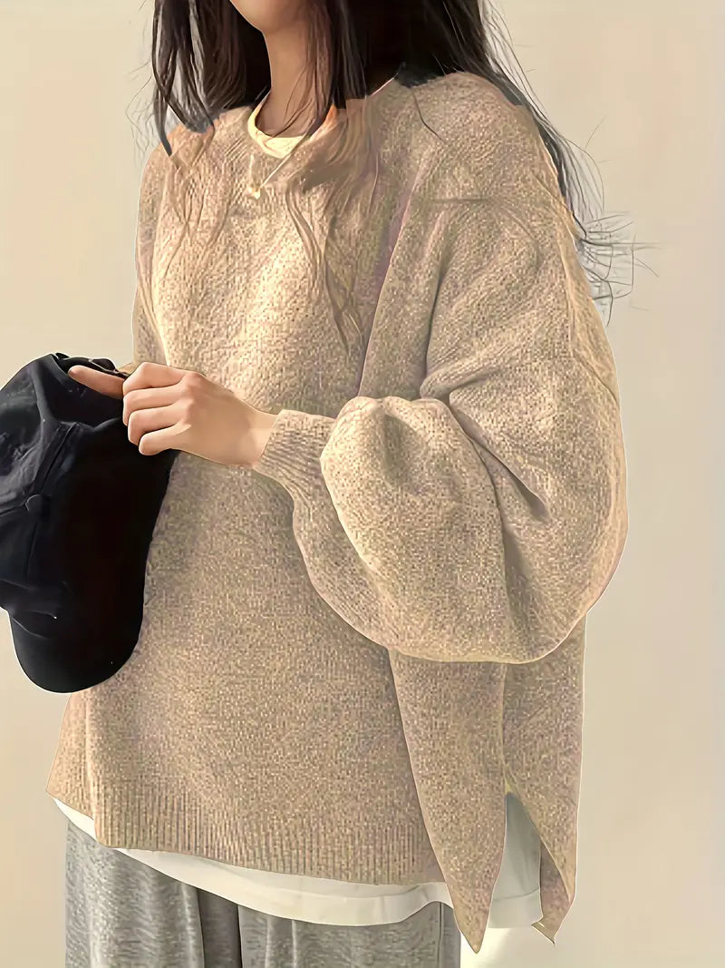 Women’s Lantern Sleeve Sweater – Oversized, Round Neck, Rib Trim