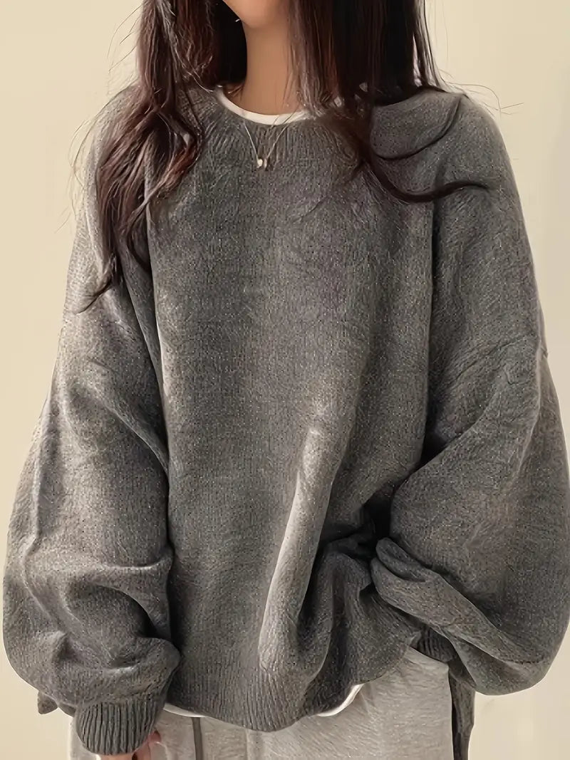 Women’s Lantern Sleeve Sweater – Oversized, Round Neck, Rib Trim